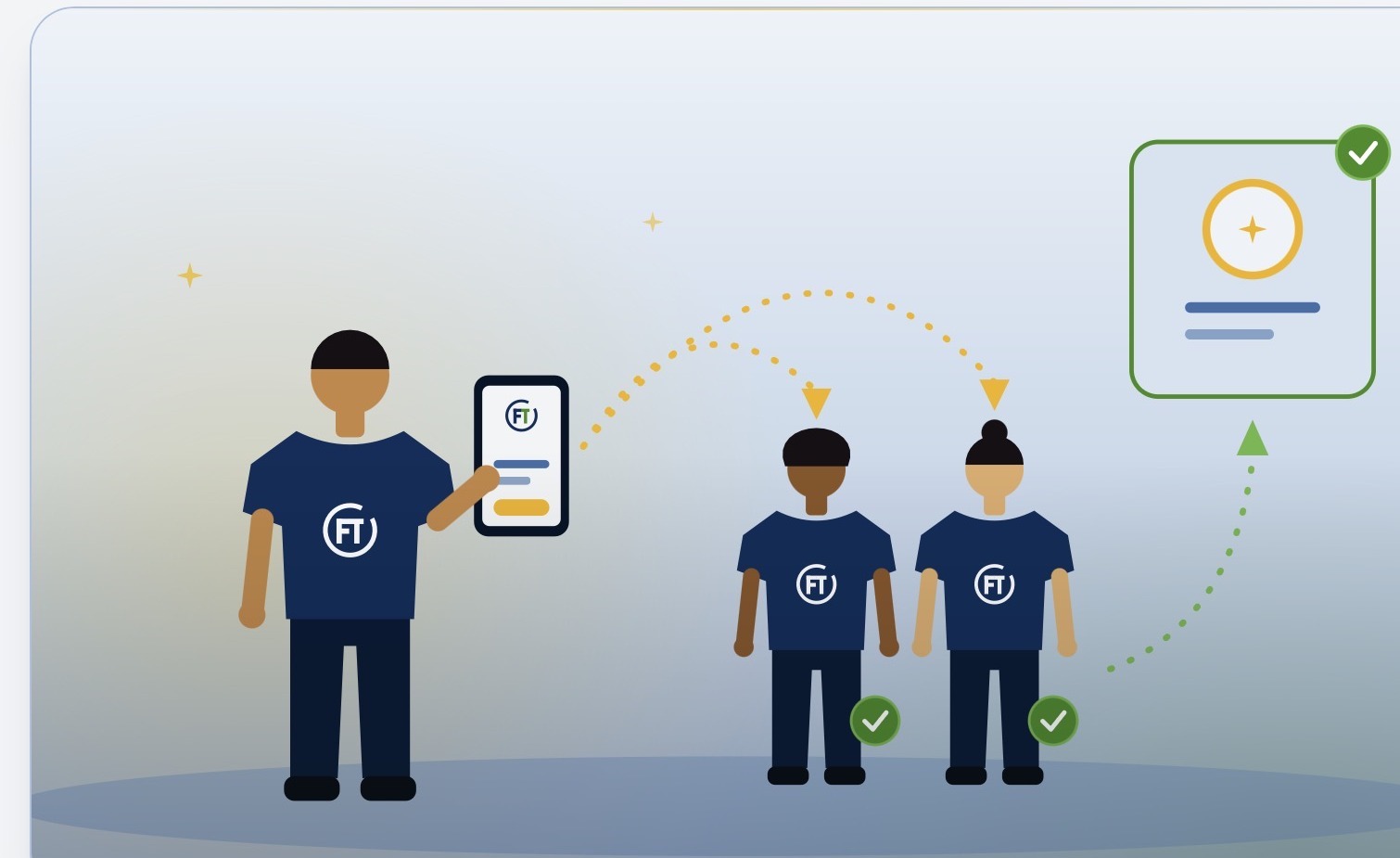 Illustration of one member inviting two people and a certificate card