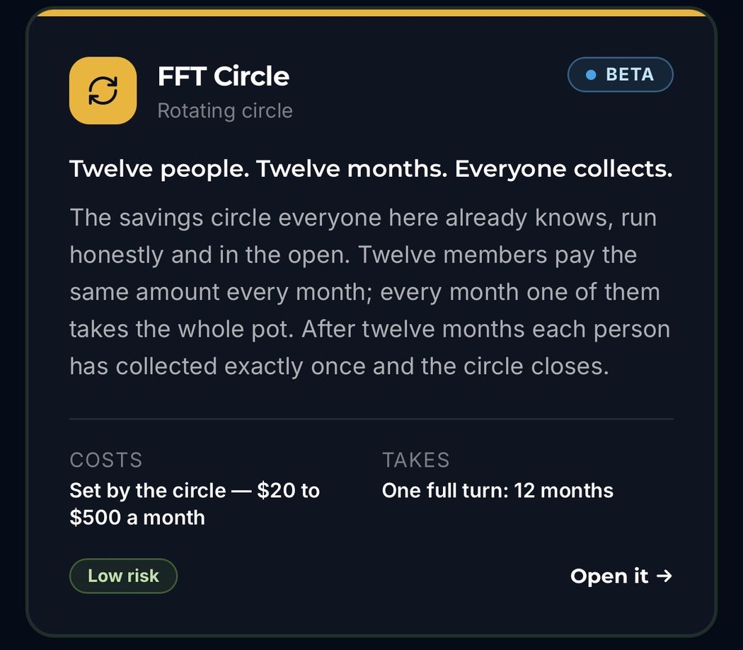 FFT Circle business concept card, available inside the FFT App, Low risk