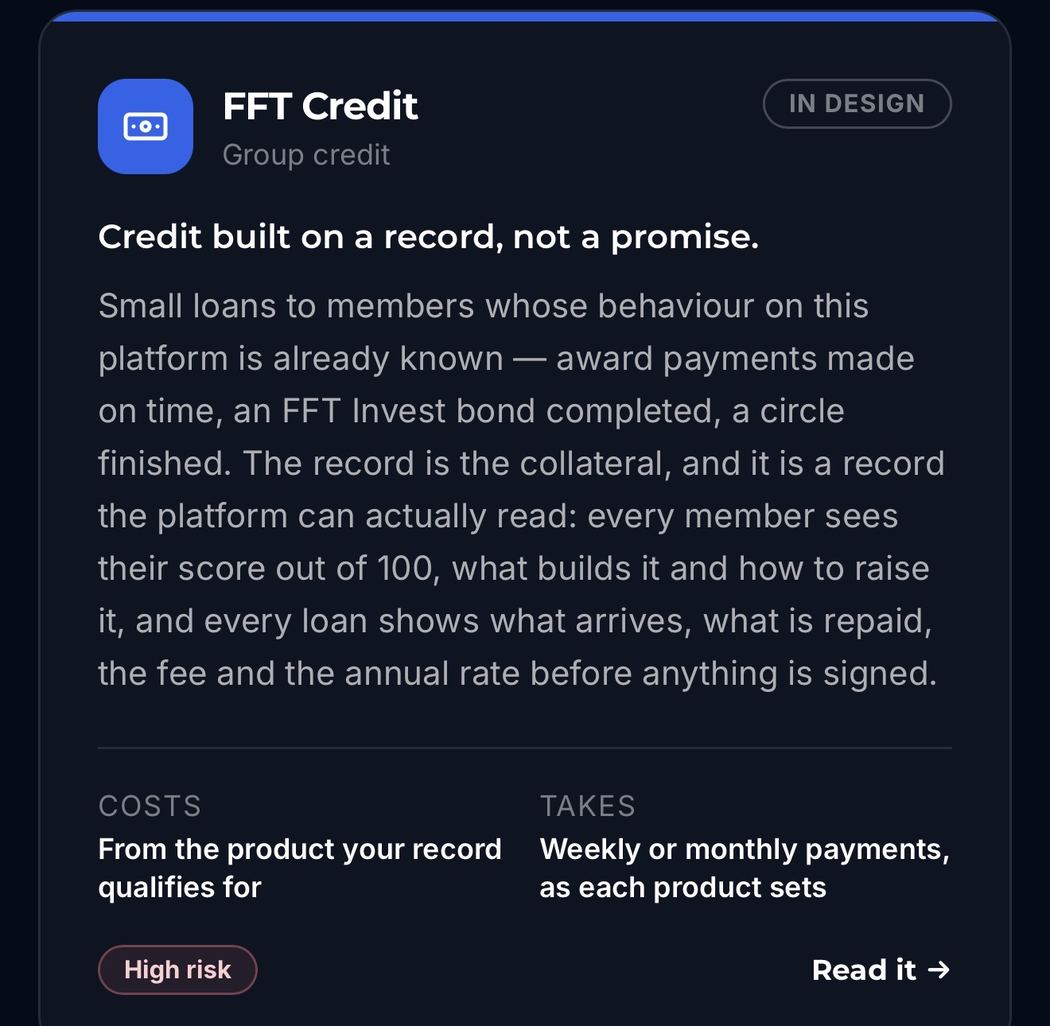 FFT Credit business concept card, available inside the FFT App, High risk