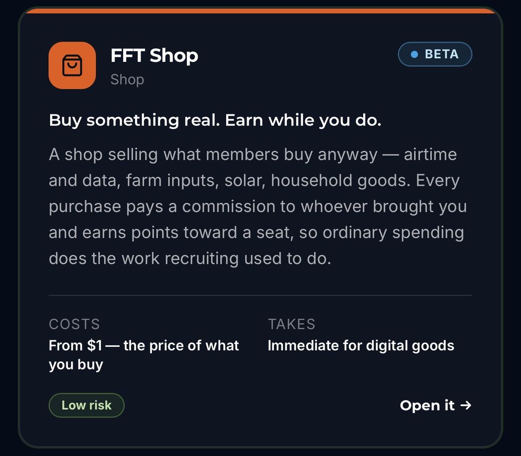 FFT Shop business concept card, available inside the FFT App, Low risk