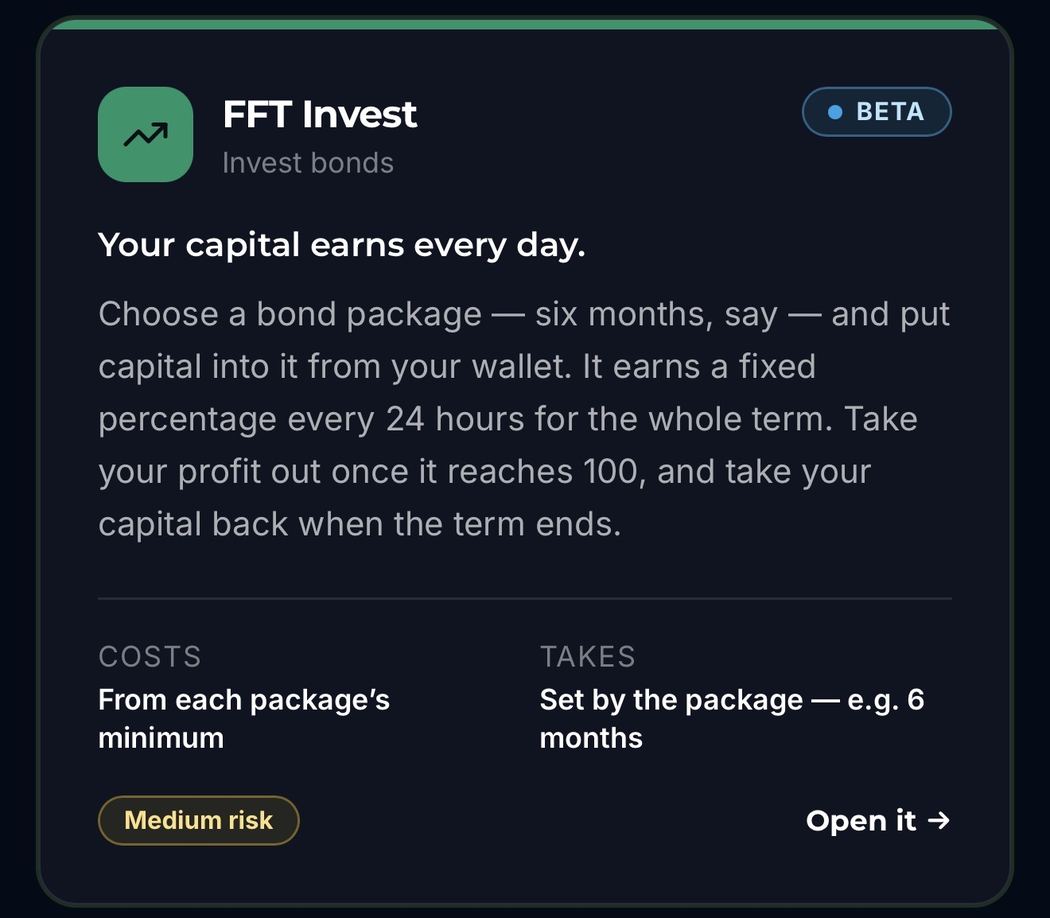 FFT Invest business concept card, available inside the FFT App, Medium risk
