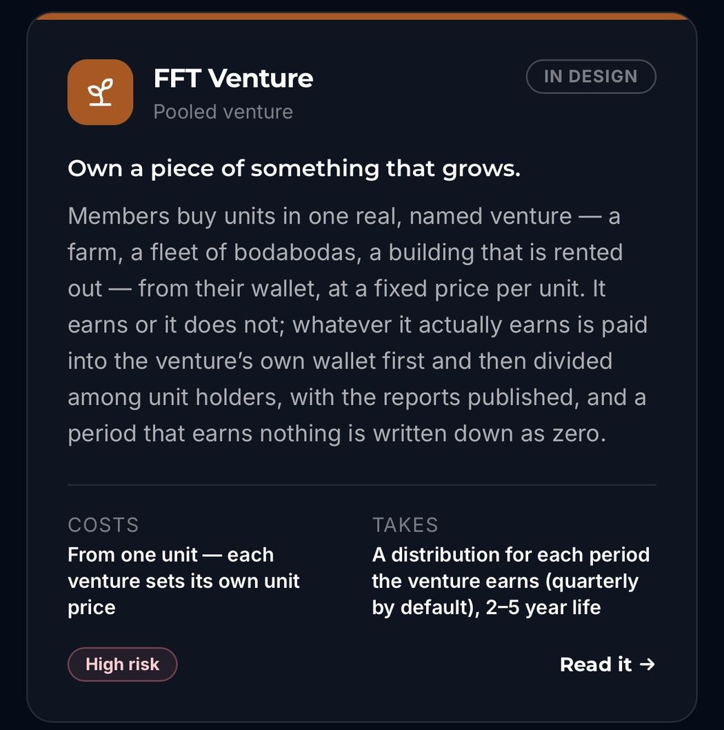 FFT Venture business concept card, available inside the FFT App, High risk