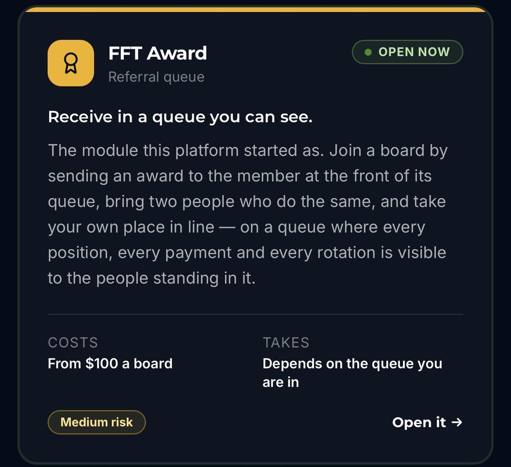FFT Award business concept card, available inside the FFT App, Medium risk